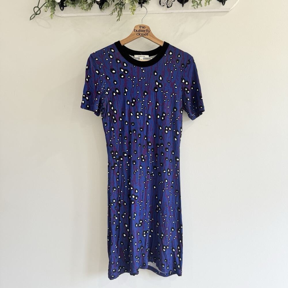 Carven Clara Printed Jersey Dot Shift Dress Blue XS Short Sleeve B9024